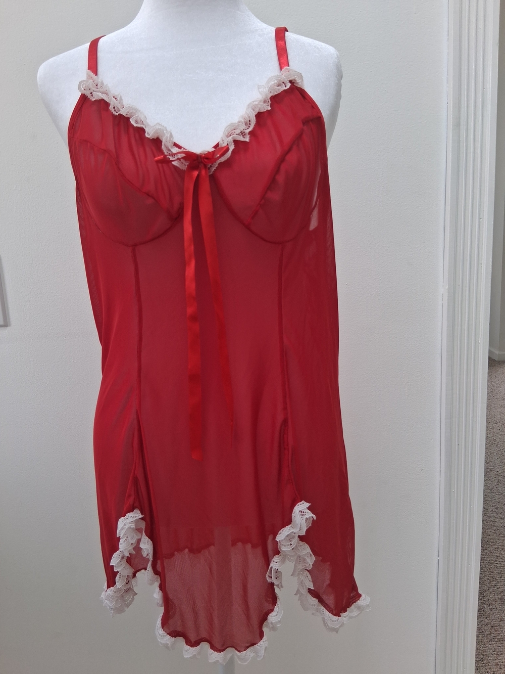 Red Lace-Trim Sheer Satin-Accent Chemise Slip Dress XL Romantic